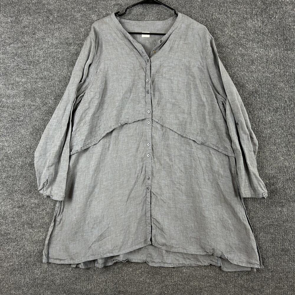 Poetry Linen Shirt 18 Button Front Blouse Gray Minimalist Lagenlook Summer